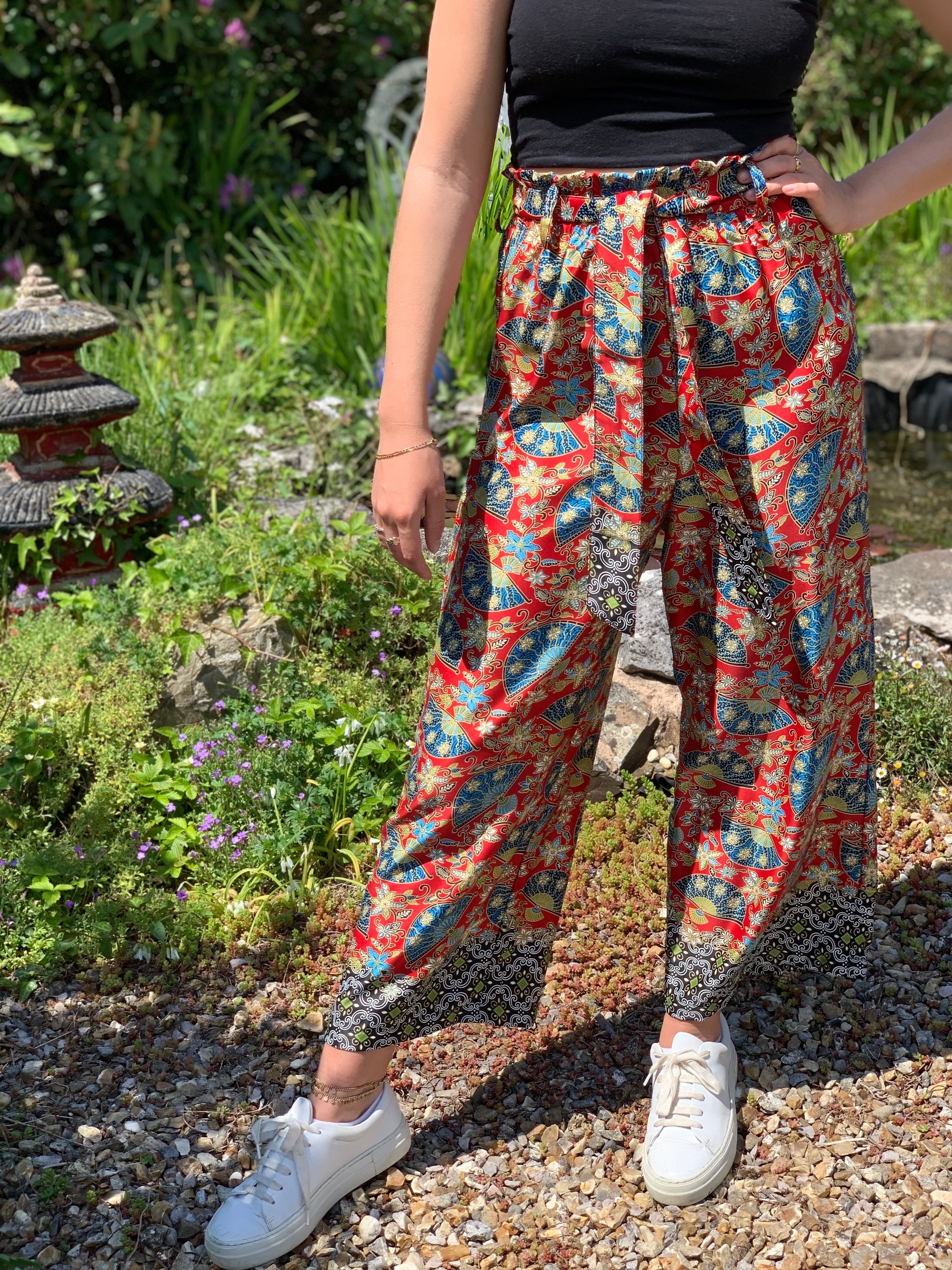 Red Silk High waisted Trousers in Fan Oriental Print | Etsy