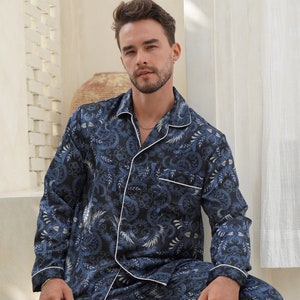 Men’s Black Silk Blend Long Pyjama Set, Satin Pyjamas, Men's Silk Pyjamas, Lounge wear, Sleepwear Nightwear