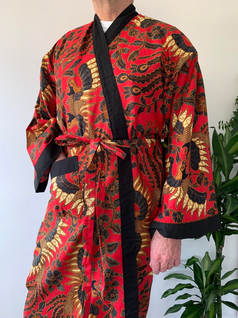 Red Cotton Batik Kimono Robe Jacket Dressing Gown Mens Etsy