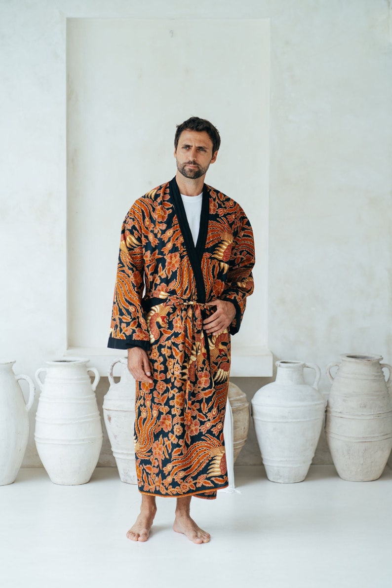 Black and Red Men's Full Length Batik Robe