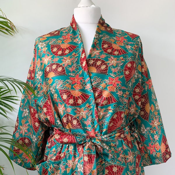 Green Silk Blend Kimono Robe, Dressing Gown, Silk Pyjamas, Loungewear, Vintage Kimono, Satin Robe, House Robe , Silk Sleepwear, Bridal robe