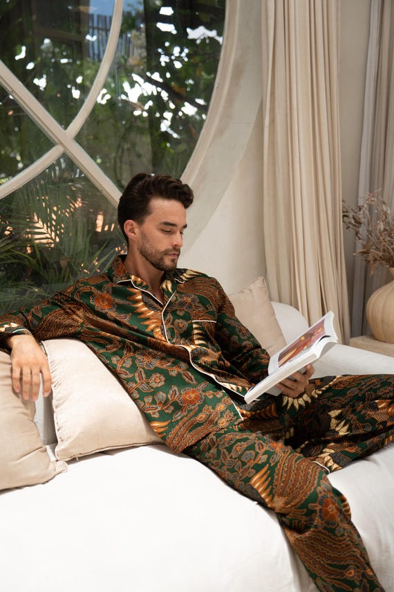 Men’s Green Cotton Long Pyjama Set, Luxury sleepwear for man, Gift for husband or boyfriend, Cotton Robe, Mens loungewear, Paisley Pajamas