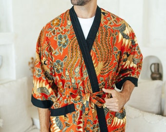 Men's Cotton Batik Robe in Red, Kimono Robe Jacket, Bali Dressing Gown, Mens kimono robe, Dragon Chinese, Gift for him, Indonesian batik