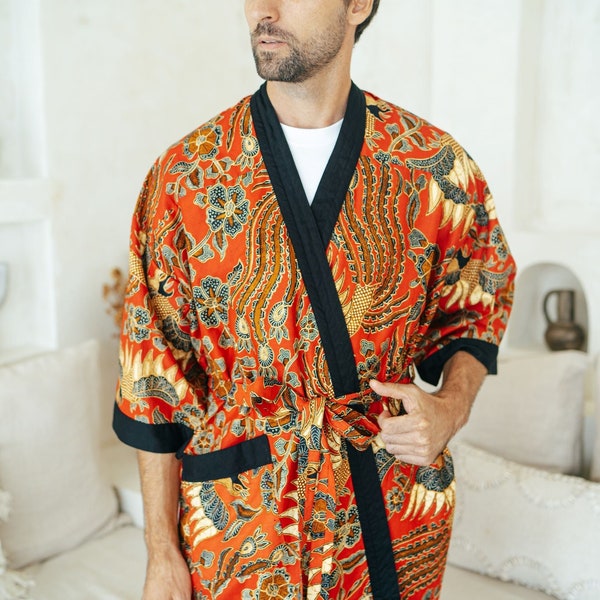 Men's Cotton Batik Robe in Red, Kimono Robe Jacket, Bali Dressing Gown, Mens kimono robe, Dragon Chinese, Gift for him, Indonesian batik