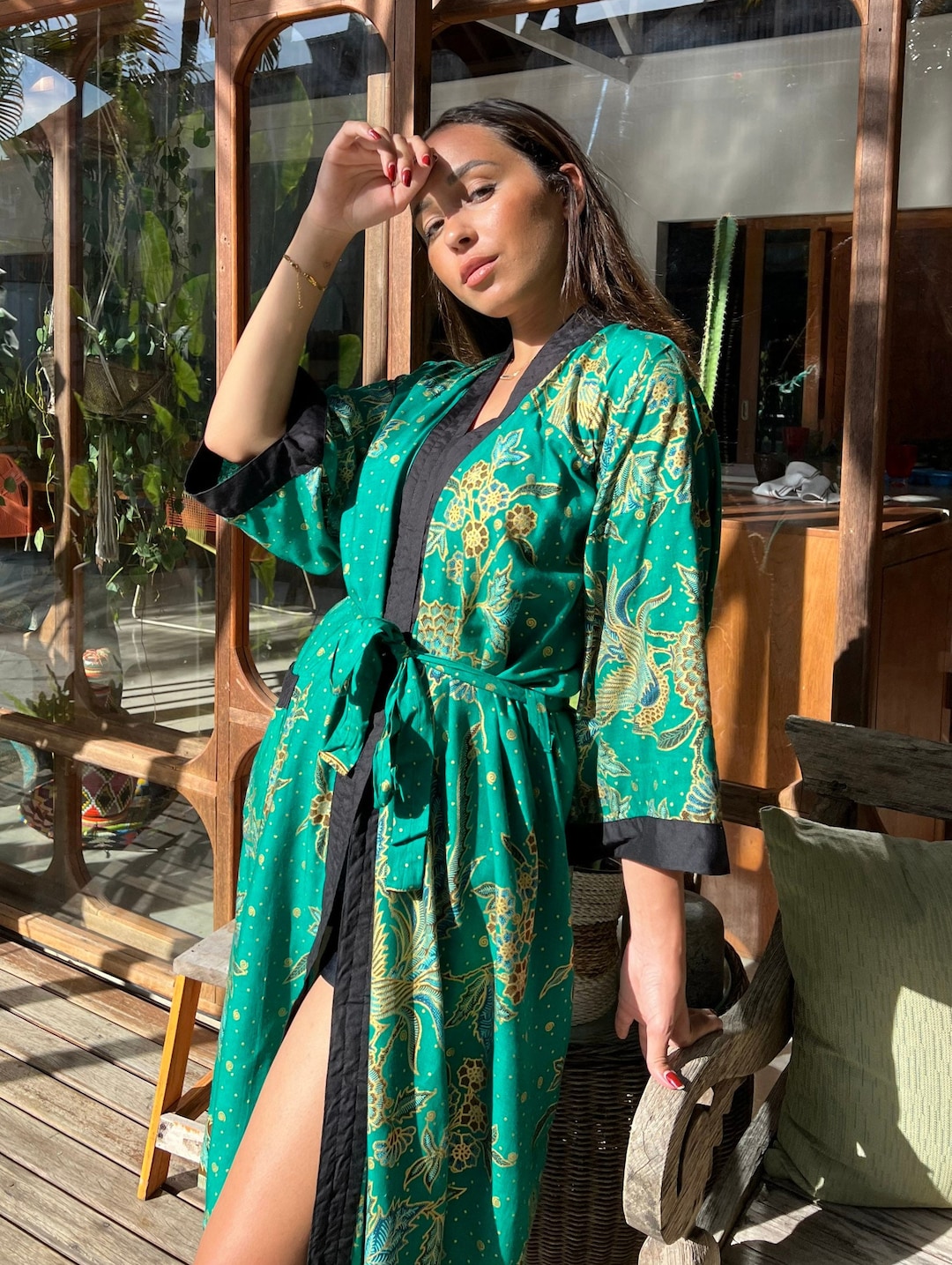 Emerald Kimono Robe Jacket, Cotton Dressing Gown, Loungewear, Vintage Oriental Floral Chinese Japanese, Bridal Gift