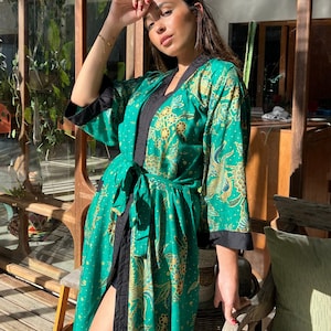 Emerald Kimono Robe Jacket, Cotton Dressing Gown, Loungewear, Vintage Oriental Floral Chinese Japanese, Bridal Gift