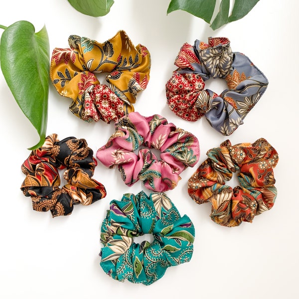 Colourful Silk Hair Scrunchies, Bali Rainbow Hair Band, Gift, Batik Handmade silky satin scrunchie, Hair accessories, Hair tie