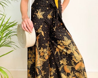 Black Wrap Around Trousers Cotton Batik, Flares, Bali, Festival Trousers, Batik Handmade Trousers, Floral Bird Print