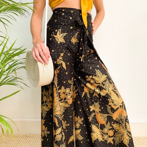 Black Wrap Around Trousers Cotton Batik, Flares, Bali, Festival Trousers, Batik Handmade Trousers, Floral Bird Print
