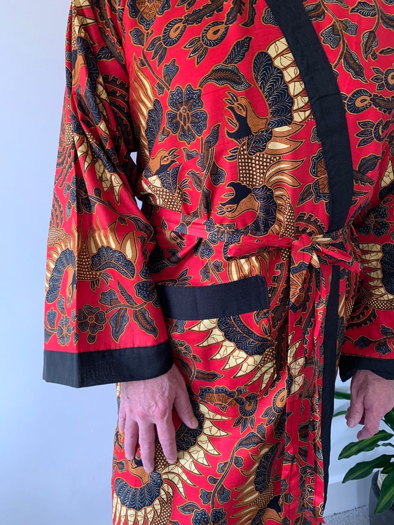 Red Cotton Batik Kimono Robe Jacket Dressing Gown Mens Etsy
