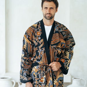Navy Cotton Full Length Batik Kimono Robe Jacket, Dressing Gown, Mens kimono robe, Wear the World, Dragon Chinese Japanese