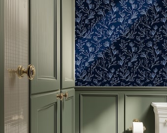 Navy Botanical Wallpaper: Dark Blue Floral Wallpaper for Powder Room and Living Room - RV014