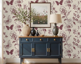 Papel pintado floral con mariposas: diseño romántico vintage para dormitorio, recibidor y decoración de casas de campo - RV097