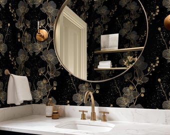 Black Gold Floral Wallpaper: Elegant Botanical Wallpaper, Luxury Peel and Stick Wall Mural - RV035