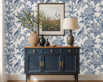 Blue Chinoiserie Wallpaper - Bird and Floral Toile Wallpaper for Entryway, Hallway - RV083