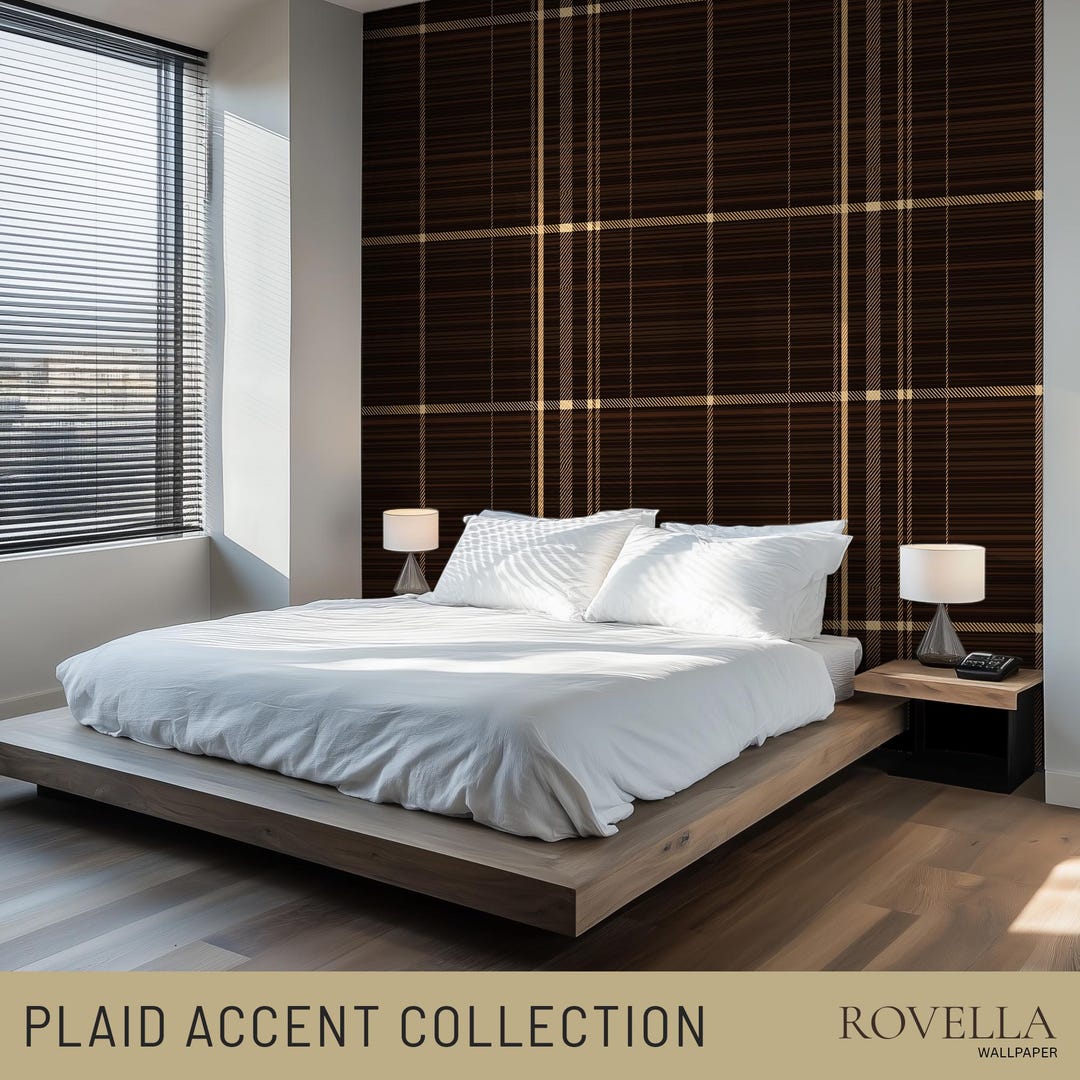 Dark Brown Plaid Wallpaper: Moody Grid Accent Wall, Dark Academia ...