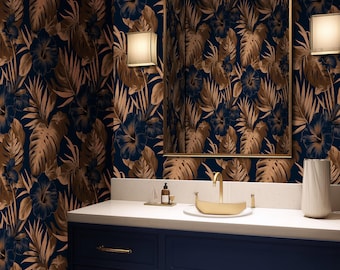 Papel de Parede Tropical Escuro: Estampa Botânica Azul-Marinho para Banheiro e Lavabo - RV006