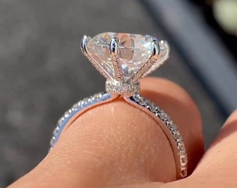 4ct Round Cut Moissanite Engagement Ring With High Setting Pave Hidden Halo Wedding Ring 6 Prong Set Solitaire 3/4 Eternity Diamond Ring
