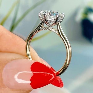 Hidden Halo Yellow/White Gold Moissanite Engagement Ring, Cathedral Setting Ring,Round Cut Solitaire Moissanite Ring,Hidden Pave Bridge Ring