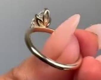 14K Yellow Gold Antique Tulip Setting Engagement Ring, Pear Cut Solitaire Moissanite Petal Prong Wedding Ring, Anniversary Promise Gift Ring