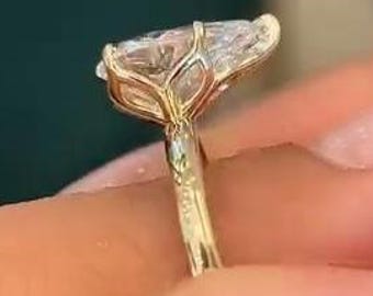 Antique Tulip Setting Engagement Ring, 3ct Pear Cut Solitaire Moissanite Ring, 14k Yellow Gold Promise Ring, Petal Prong Floral Basket Ring