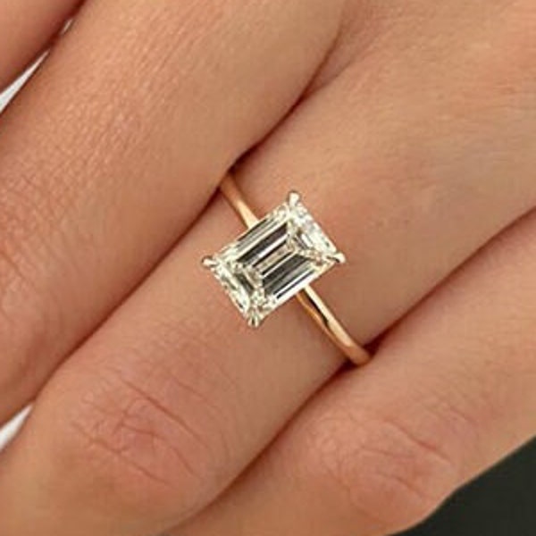 6x8 MM Emerald Cut Moissanite Engagement Ring, White/Rose Gold Two Tone Ring, 4 Prongs Wedding Promise Ring, Anniversary Gifts For Women