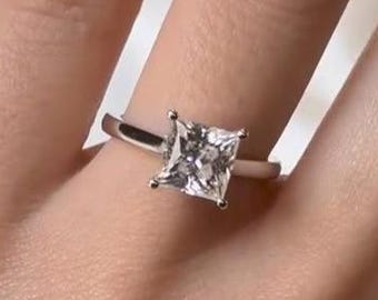 14k White Gold Square Diamond Ring, 2.50ct Princess Cut Moissanite Engagement Ring, Princess Cut Solitaire Ring, Vintage Cathedral Set Ring
