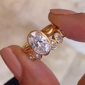 2.10Ct Oval Cut Bezel Set Moissanite Bridal Ring Set, 14k Yellow Gold Oval Cut Solitaire Ring, Bezel Set Oval Eternity Matching Wedding Set