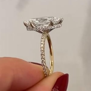 Two Tone 14k Yellow Gold Marquise Cut Moissanite Engagement Ring, 6 Prong With Hidden Halo Wedding Ring For Women, Gorgeous Pave Set Ring