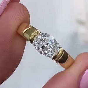 East West Oval Cut Half Bezel Set Ring, 1.50ct Oval Cut Solitaire Moissanite Engagement Ring, Yellow Gold Wide Band Ring, Tension Set Ring