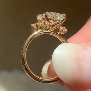 Antique Tulip Setting Engagement Ring In Yellow Gold, 3 Ct Elongated Cushion Cut Moissanite Ring, Cushion Three Stone Wedding Ring For Her