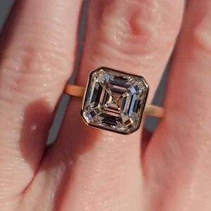 Big Asscher Cut Moissanite Engagement Ring, 10k Gold Bezel Set Anniversary Ring, Basket Setting Solitaire Promise Ring, Wedding Ring For Her