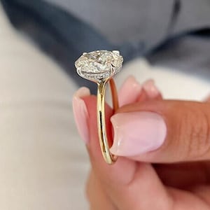 Hidden Halo Oval Moissanite Engagement Ring, Unique Solitaire Diamond Wedding Ring Handmade Ring, 14k Solid Gold Two Tone Vintage Ring Gift