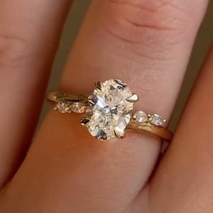Oval Cut Moissanite Engagement Ring, Solid Gold Side Marquise Moissanite Ring, Vintage Cathedral Setting Ring, Hidden Pave Bridge Ring