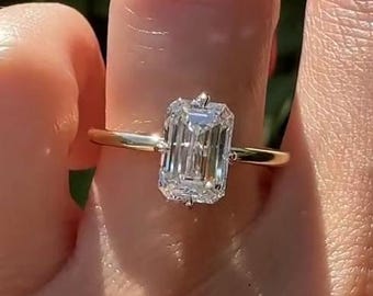 Emerald Cut Moissanite Engagement Ring, 14k Solid Gold Emerald Cut Solitaire Compass Prong Set Ring, Hidden Halo Wedding Ring, Gifts For Her