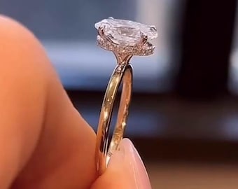 Solid Two-Tone Gold Moissanite Oval Cut Ring, Unique Hidden Halo Wedding Ring, 4 Prong Set Ring, Oval Promise Ring, Anniversary Gift For Her