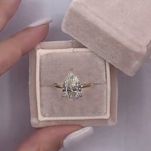 Pear Shaped Moissanite Big Diamond Engagement Ring Hidden Halo, Large Stone Pear Solitaire Wedding Ring, Yellow Gold Tear Drop Diamond Ring