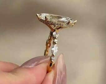 Anillo de compromiso de moissanita con halo oculto y talla marquesa de 4 quilates, anillo de media eternidad con moissanitas laterales talla marquesa y redonda, anillos de boda estilo art déco.