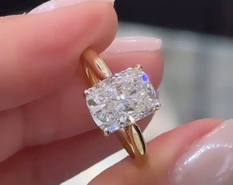 Pierścionek zaręczynowy Moissanite w szlifie poduszkowym, wydłużony pierścionek w szlifie poduszkowym, pierścionek z oprawą katedralną, prosty pierścionek z obrączką, obrączka ślubna dla kobiet