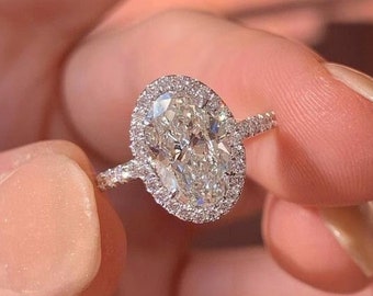 2 carat Oval Halo Moissanite Engagement Ring, Oval Halo Engagement Ring, 14k White Gold Half Eternity Wedding Ring, Anniversary Promise Ring