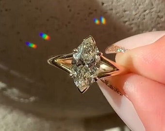 Marquise Cut Solitaire Moissanite Engagement Ring Split Shank Plain Band, Dainty Marquise Diamond Rings for Women, 14k Yellow Gold Ring Gift