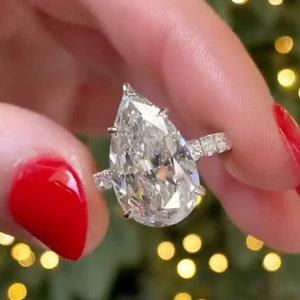 Big Pear Shaped Moissanite Engagement Ring, 6ct Pear Cut Hidden Halo Moissanite Pave Engagement Ring, 14k Solid Gold Ring, Large Stone Ring