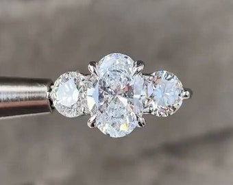2ct Oval Cut Three Stone Moissanite Engagement Ring, 14k White Gold Ring, Unique 3 Stone Promise Ring, Platinum Diamond Wedding Ring for Her