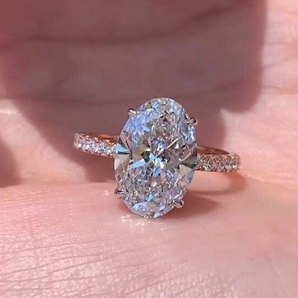 3.5 Ct Oval Cut Moissanite Engagement Ring, Solid 10k/14k/18k Rose Gold Engagement Ring, Vintage Unique Half Eternity Pave Moissanite Ring