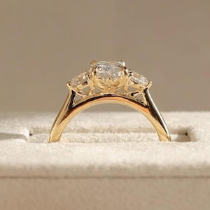 Vintage Cathedral Set Three Stone Engagement Ring 1.50 CT Elongated Cushion Cut Moissanite Ring Trellis Setting 3 Stone Diamond Wedding Ring