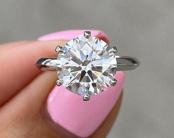 Klassischer 6-Zacken Solitär Moissanit Runder Verlobungsring, Messerkante Schlichter Golddicker Ehering, Jubiläumsgeschenke für Frauen