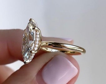 Marquise Cut Hidden Halo Engagement Ring, 2ct Moissanite Marquise Solitaire Bridal Promise Ring on Sale, 14k Solid Gold Wedding Ring For Her