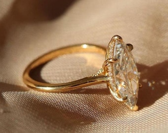Marquise Cut Hidden Halo Engagement Ring, 14k Yellow Gold Cathedral Set Ring, 1.8ct Marquise Solitaire Ring, Hidden Pave Bridge Ring On Sale