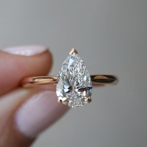 Unique Pear Cut 2ct Moissanite Engagement Solitaire Ring, Vintage Cathedral Set Wedding Ring, 10k Rose Gold Tear Drop Bridal Promise Ring