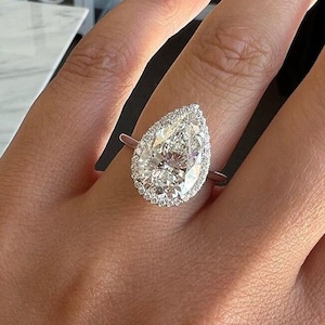 Large 5ct Pear Shaped Moissanite Engagement Ring with Plain White Gold Band, Cathedral Setting Halo Diamond Wedding Ring, High Profile Ring